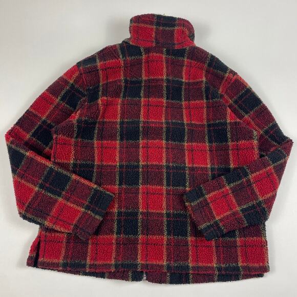 Vintage Red Plaid Fleece W/ Sherpa Collar Fall Winter Warm Boxy Fit Size Medium - Picture 6 of 8